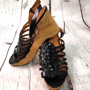 Marc Fisher Black Strappy Leather Cork Wedges 8.5"